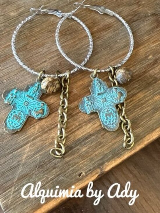 Alquimia Jewelry - SHOULDER DUSTER +Turquoise PATINA  chunky cross + TAN JASPER +  dangle earrings